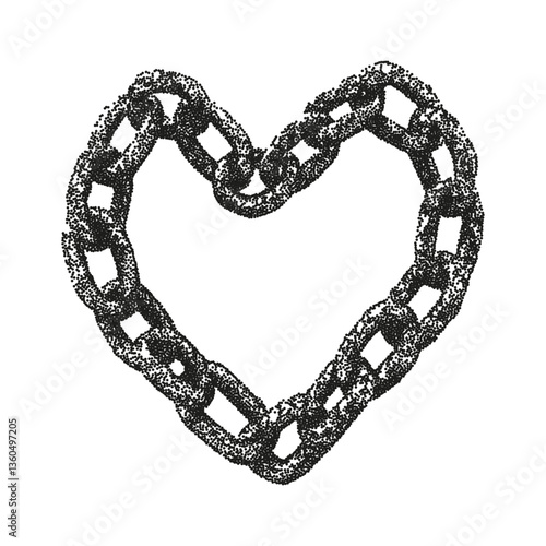 Chain heart with retro photocopy effect. Black monochrome border with messy grainy stippling texture. Vector illustration.