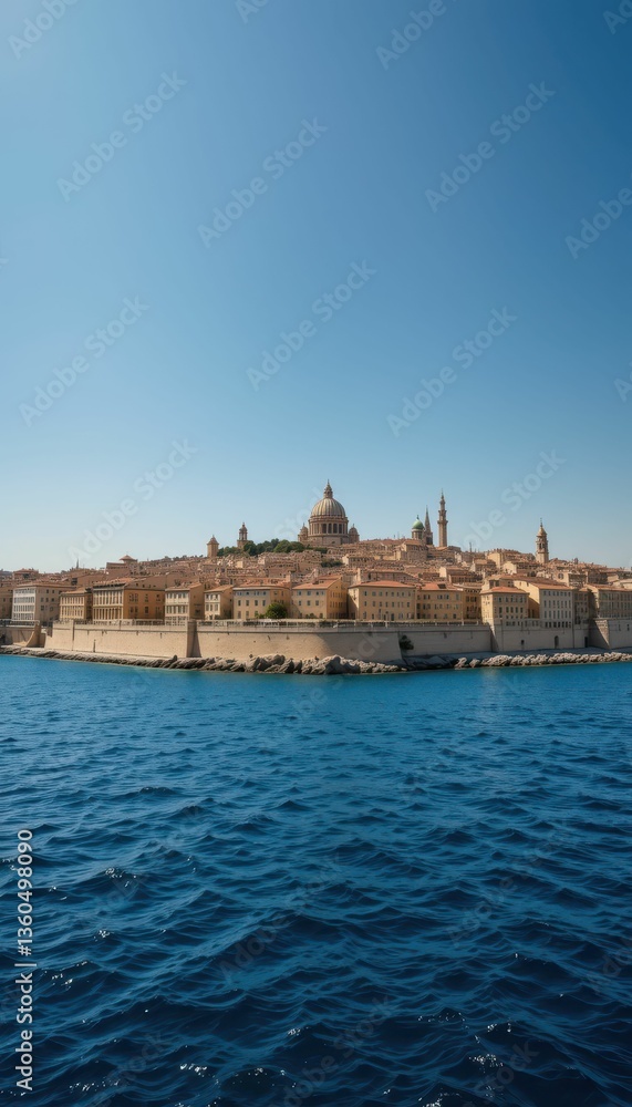Fototapeta premium Serene Coastal View of Historical City under Clear Blue Sky