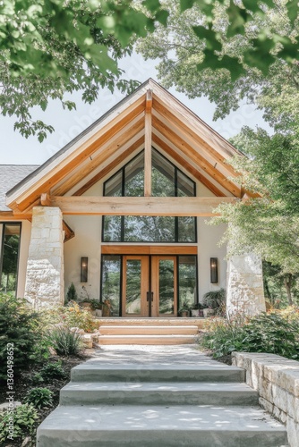 Wallpaper Mural Modern architectural design features a stunning entrance with wooden beams and stone accents surrounded by lush landscaping during daylight hours Torontodigital.ca