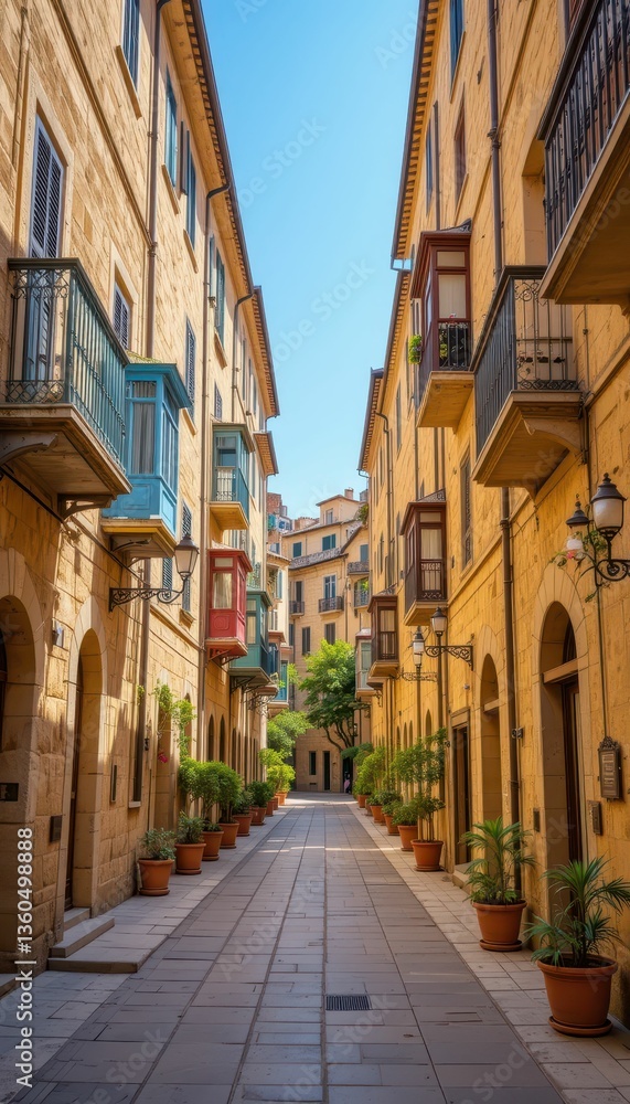 Charming Sunlit Alleyway with Colorful Balconies and Potted Plants Charming Sunlit Alleyway with Colorful Balconies and Potted Plants