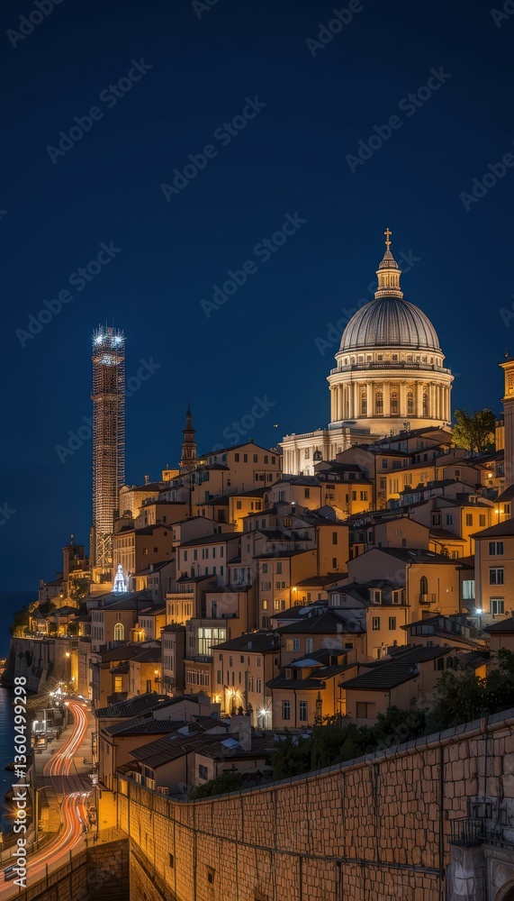 Naklejka premium Evening View of Historic Buildings and Dome Under Night Sky