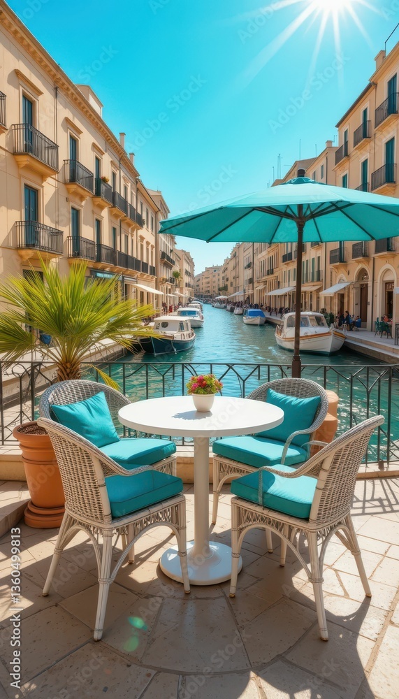 Fototapeta premium Charming Outdoor Cafe Scene by Serene Canal in Bright Daylight