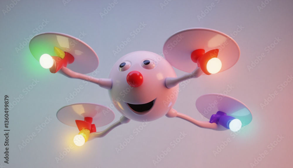 Obraz premium 3D illustration of a happy toy drone flying against a bright background 