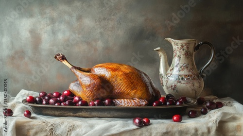 Pavo asado en plato con cerezas y jarra