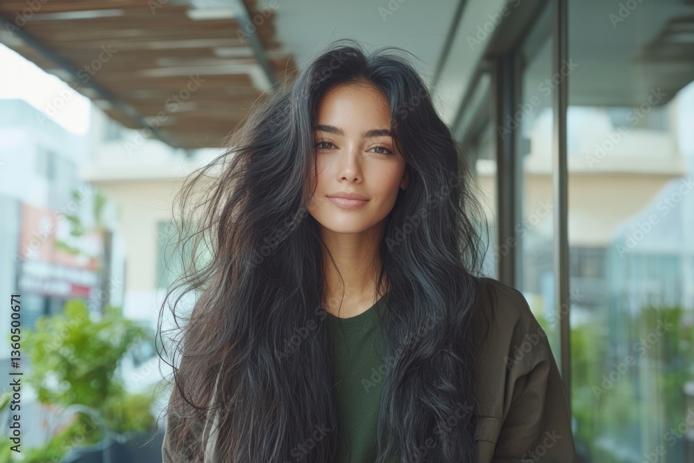Fototapeta premium Woman with long hair standing in an urban setting, showcasing natural beauty and confidence near cafe