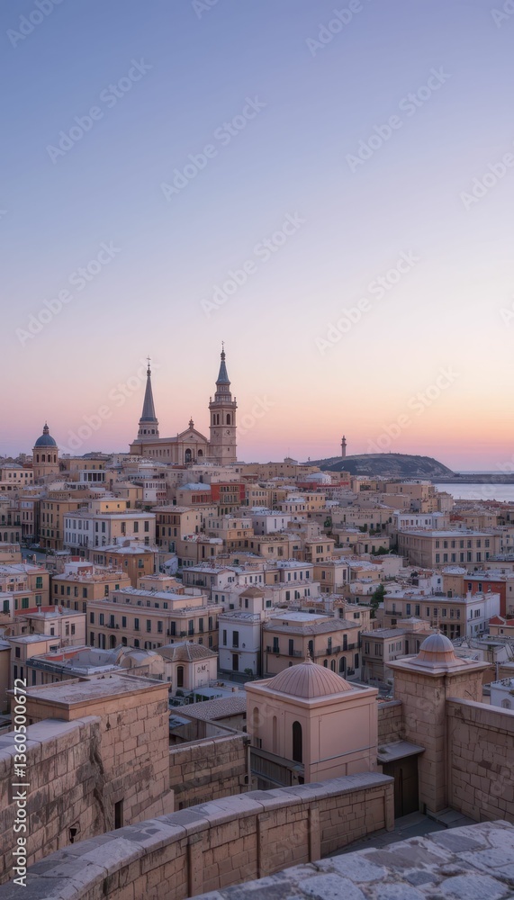 Fototapeta premium Serene Sunrise Over Historic Cityscape with Towers and Sea View