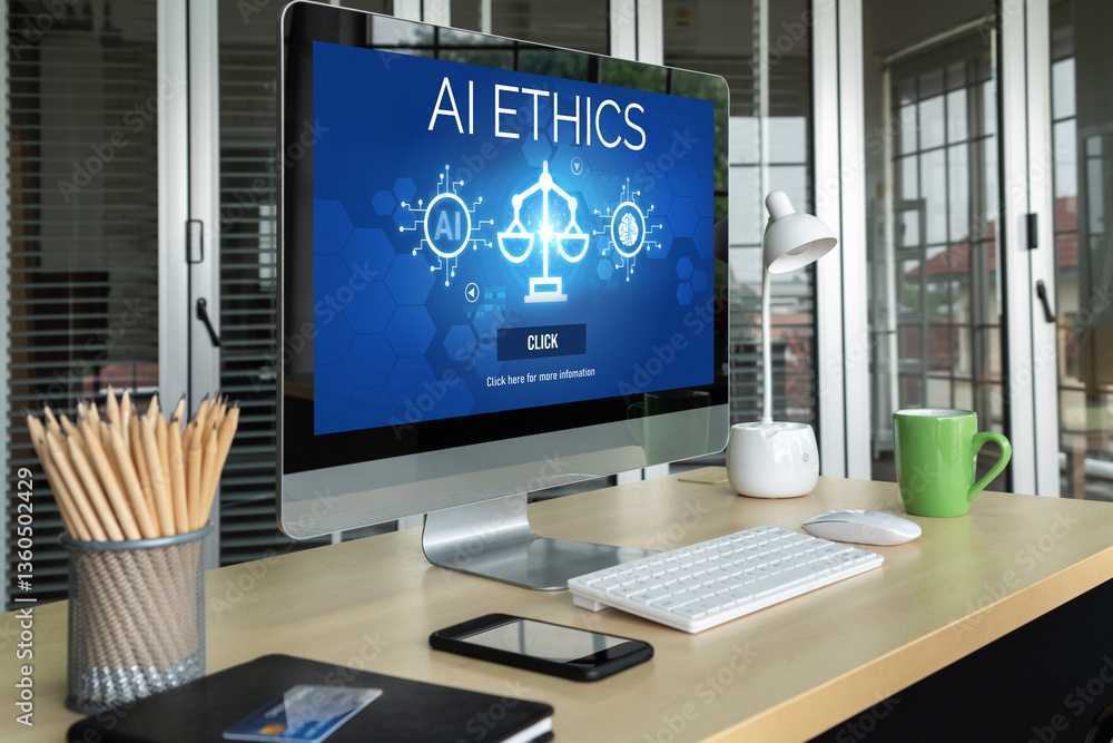 AI ethics responsibility standard law and rules on computer screen provide report of AI ethic transparency preventing technology crime. brisk AI ethics responsibility standard law and rules on computer screen provide report of AI ethic transparency preventing technology crime. brisk