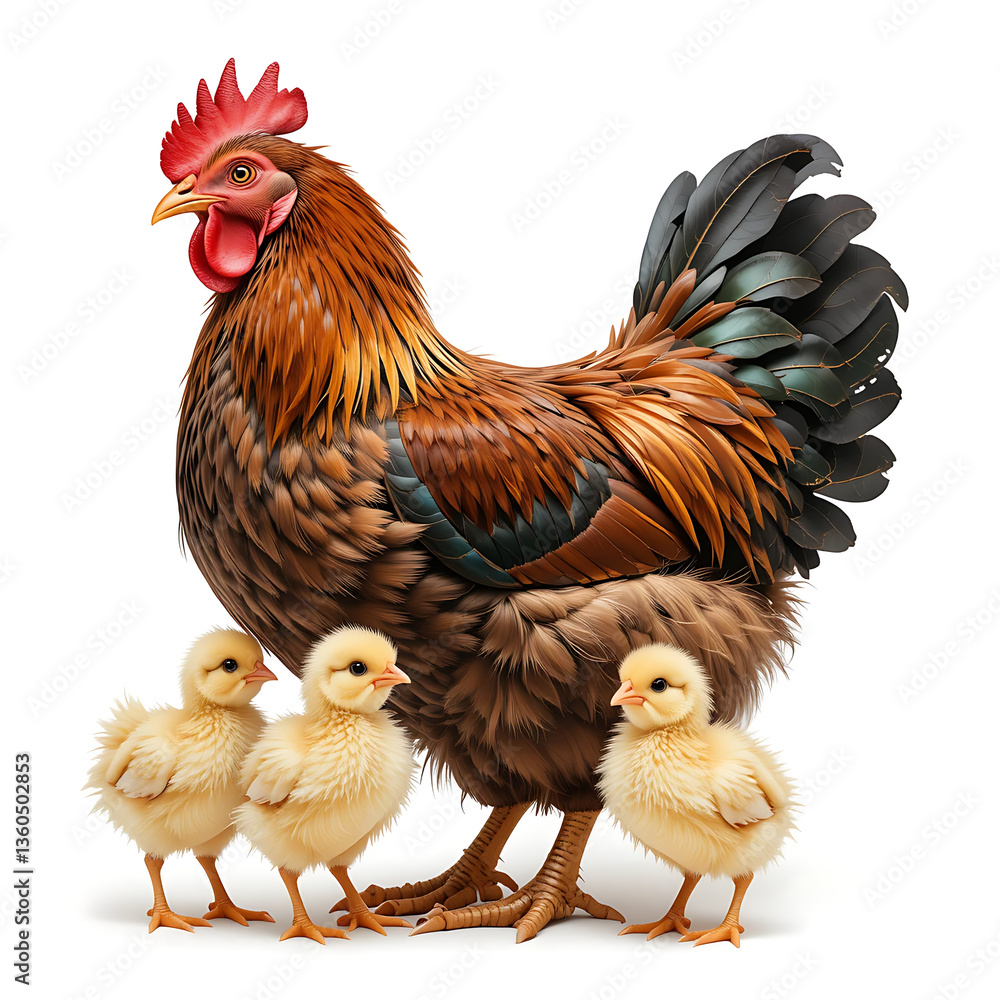 Fototapeta premium Close up, Hen with its chicks isolated on white background