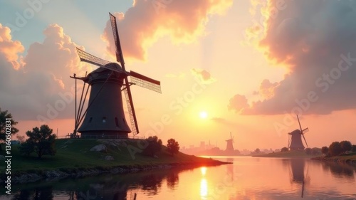 big mill by the river at sunset