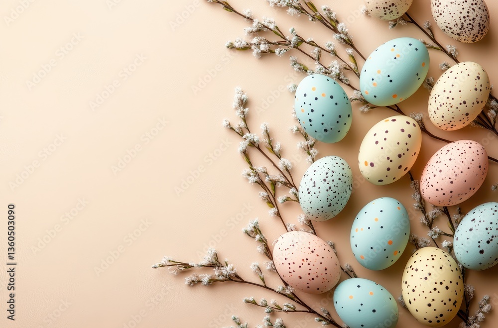 Obraz premium Colorful Easter Eggs Surrounded by Delicate Spring Branches on Soft Beige Background for Festive Seasonal Celebrations and Holiday Decoration Ideas