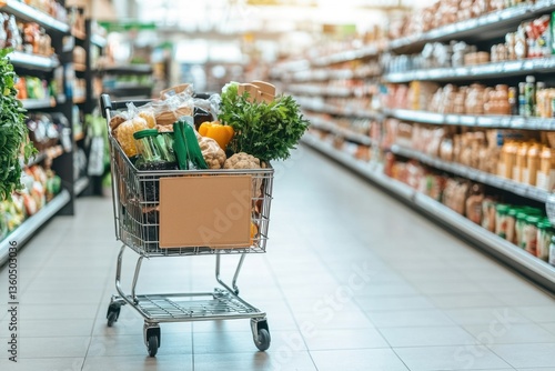 Grocery shopping cart filled with fresh produce in a supermarket aisle during daylight hours