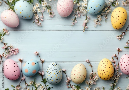 Wallpaper Mural Colorful Easter Eggs Surrounded by Delicate Spring Flowers on a Light Blue Wooden Background for Holiday Celebrations and Festive Decor Ideas Torontodigital.ca