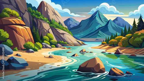 rocky river beach at the mountain foot