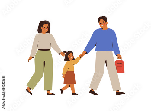 Parents accompany daughter to school. Asian Man and woman hold hands their baby girl and go together to kindergarten. Back to school concept. Parental control,care about children. Vector illustration