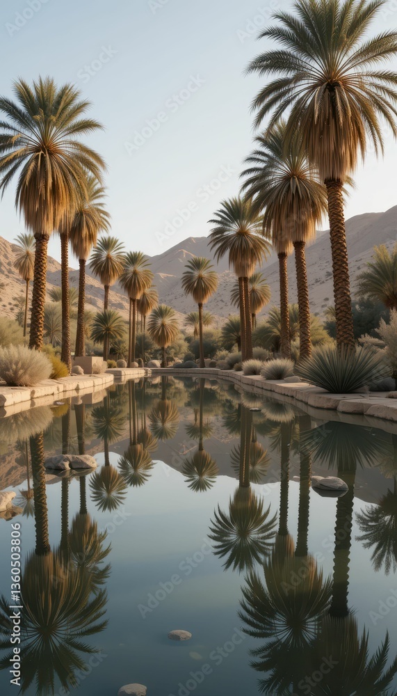 Fototapeta premium Tranquil Palm Trees by Serene Reflective Water in Desert Landscape