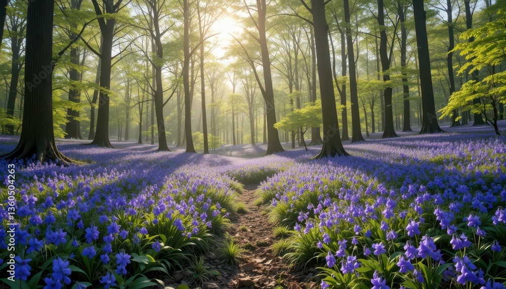 Naklejka premium Tranquil Forest Pathway Amidst Vibrant Bluebell Blooms in Spring
