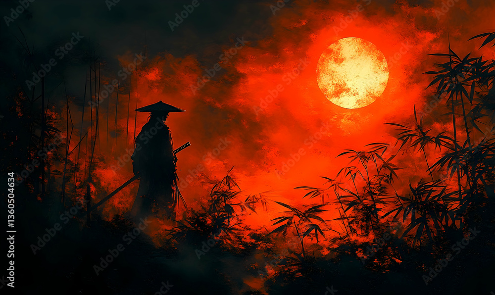 A lone figure, possibly a samurai, stands silhouetted against a fiery red moon and bamboo forest. Mysterious and evocative A lone figure, possibly a samurai, stands silhouetted against a fiery red moon and bamboo forest. Mysterious and evocative