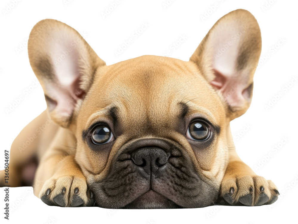 Fototapeta premium Cute puppy looks curiously at the camera with big expressive eyes on a transparent background, cut out