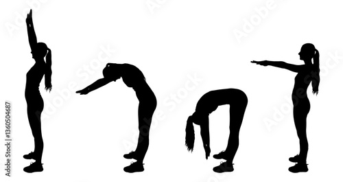 Silhouette of a sporty woman performing a sequence of stretching exercises, isolated. Vector illustration