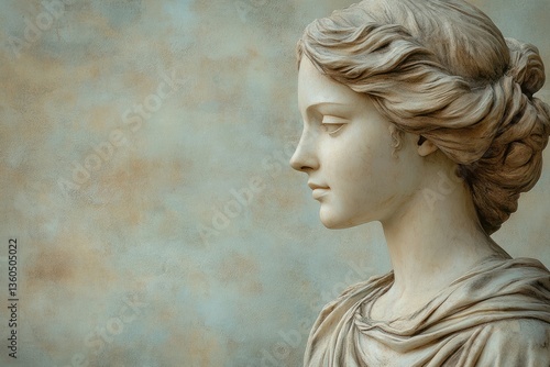 Detailed profile of a classical sculpture depicting a serene woman with flowing hair and elegant attire against a textured background
