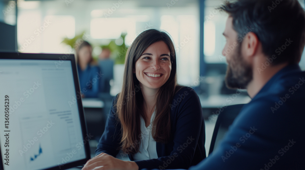 Young businesswoman and businessman collaborating at a computer in a modern open-plan office, smiling and discussing a digital project team collaboration, business partners, workin Young businesswoman and businessman collaborating at a computer in a modern open-plan office, smiling and discussing a digital project team collaboration, business partners, workin