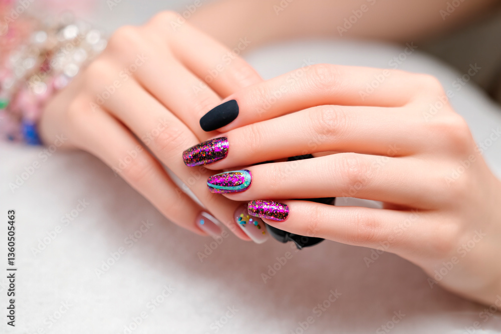 Fototapeta premium Creative manicure with gel polish in a luxury beauty salon, Nail art and design, French manicure, Fingers of a young woman's hand with beautiful pearlescent nail polish,