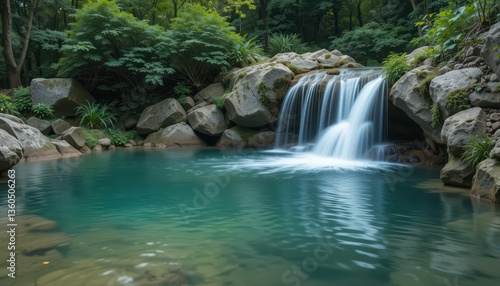 Serene Waterfall Cascading into Tranquil Natural Pool Surrounded by Greenery