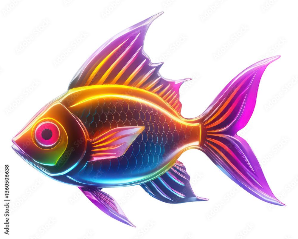 Fototapeta premium PNG 3D render neon fish icon animal pomacentridae pomacanthidae.