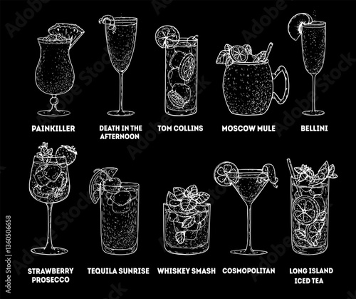 Alcoholic cocktails sketch, hand drawn vector illustration. Cocktail glass set. Cognac, brandy, vodka, tequila, whiskey, champagne, wine cocktails.