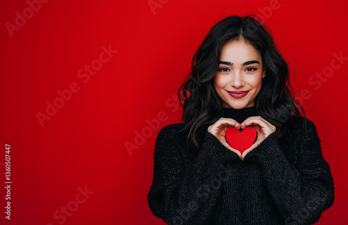 A beautiful girl in a  black sweater is smiling and making heart symbols with her hands,