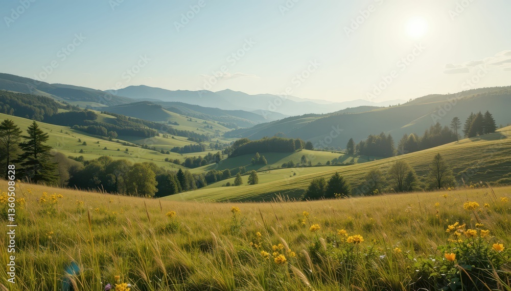 Fototapeta premium Serene Landscape of Rolling Green Hills Under Bright Blue Sky