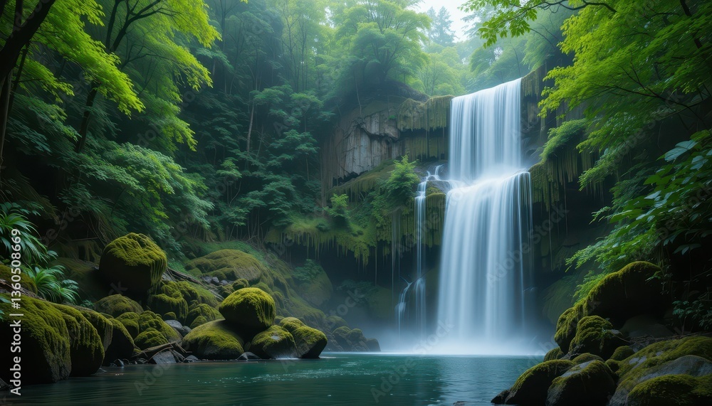 Fototapeta premium Serene Waterfall Surrounded by Lush Green Forest and Rocks