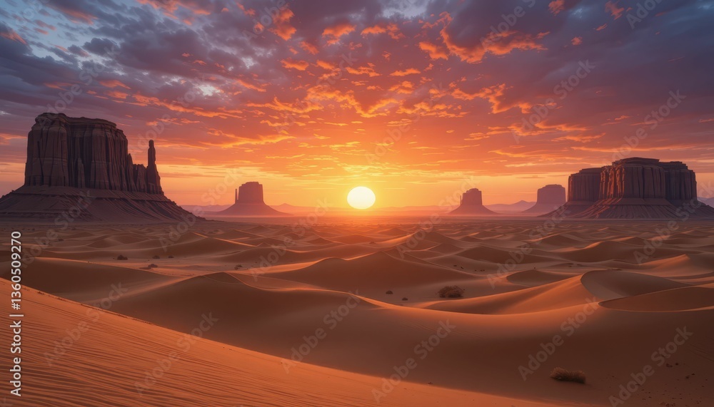 Naklejka premium Majestic Desert Landscape at Sunrise with Dramatic Cloud Formation