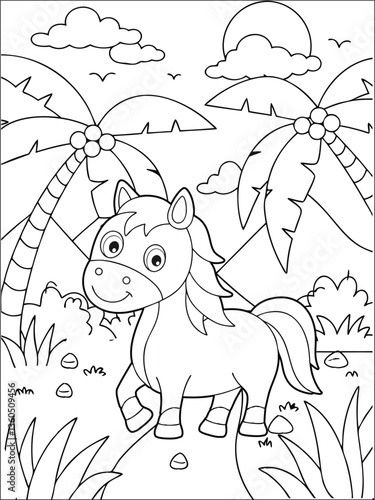 Cute cartoon horse in a natural landscape coloring page