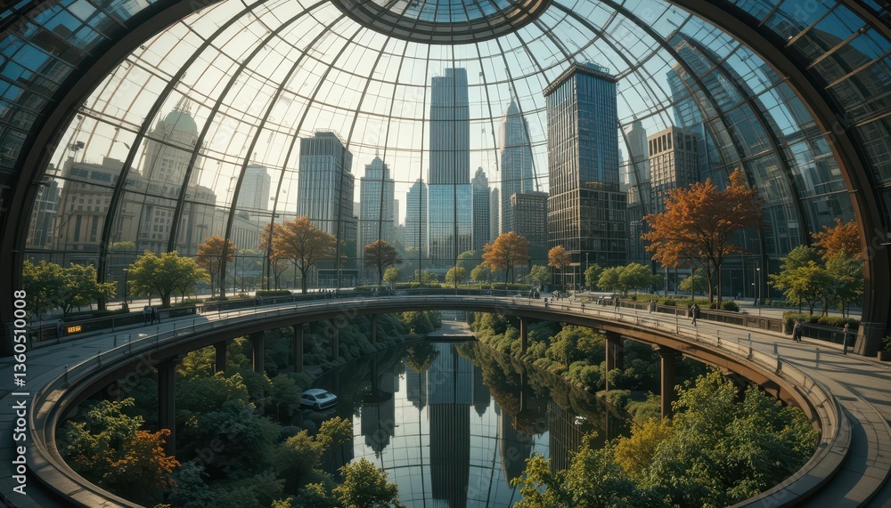 Fototapeta premium Modern Urban Skyline Beneath Glass Dome in City Park Setting