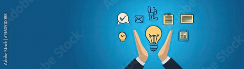 Hands holding idea light, various business icons background