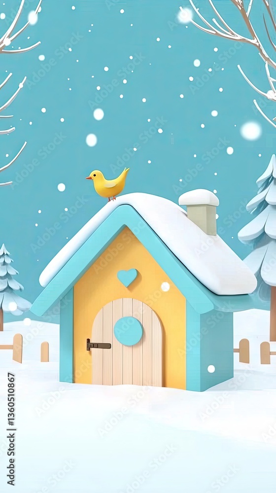 Fototapeta premium Snowy winter cottage, bird on roof, snowfall background; holiday card