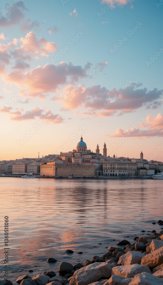 Fototapeta premium Beautiful Sunset Over Historic City by the Water with Clouds Reflections
