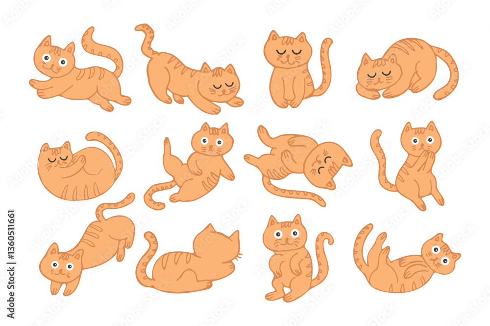 Obraz premium Set of cute hand drawn ginger cats on white background. Print, illustration