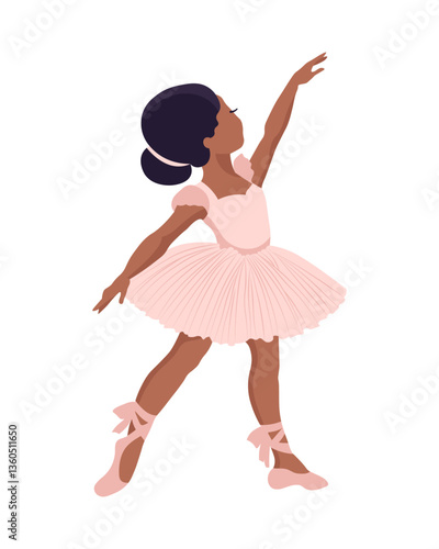Dancing little girl ballerina in pink dress and pointe shoes. Flat illustration, poster