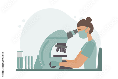 Woman microbiologist, microscope, test tubes and chemical flask. Laboratory concept. Flat illustration