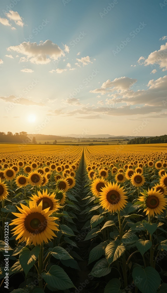 Fototapeta premium Golden Sunflower Field Under a Bright Blue Sky at Sunset