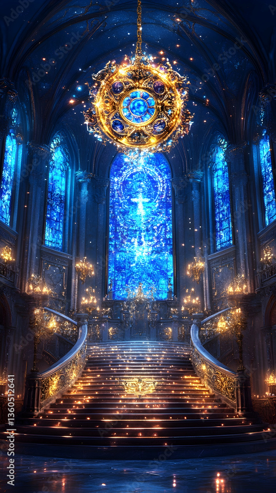 Fototapeta premium Grand Staircase in a Blue-Lit Cathedral Interior