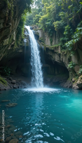 Serene Waterfall Cascading into Crystal Clear Pool Surrounded by Greenery