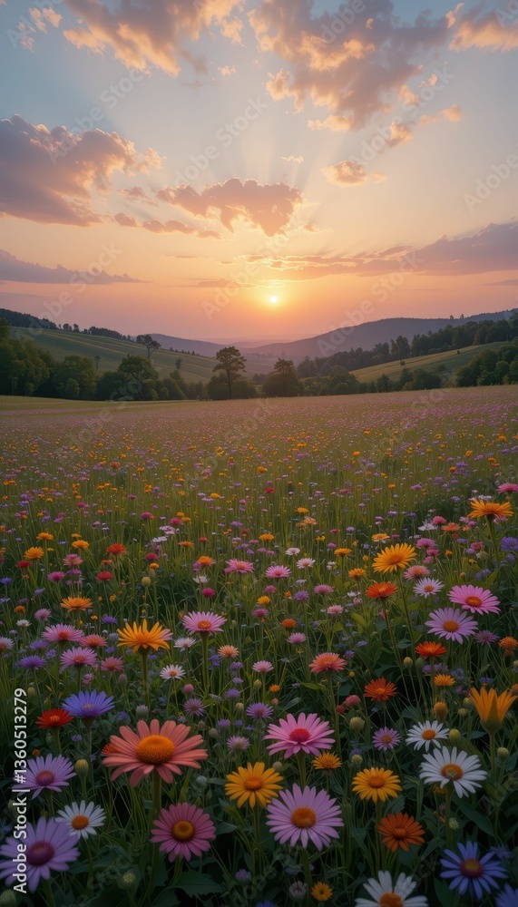 Obraz premium Vibrant Wildflower Meadow Under Sunset Sky with Rolling Hills