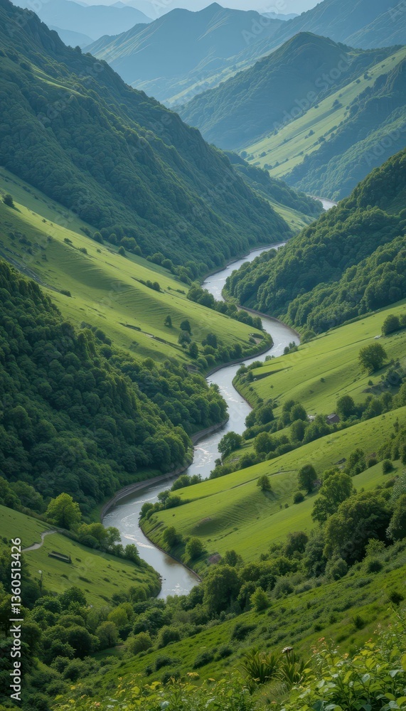 Fototapeta premium Serene River Winding Through Lush Green Mountains in Daylight