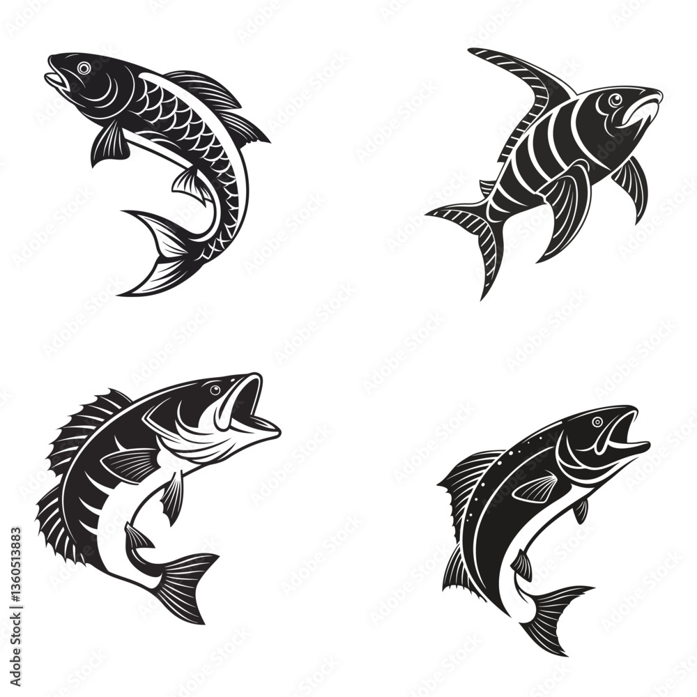 Silhouette black fish vector with solid white background Silhouette black fish vector with solid white background