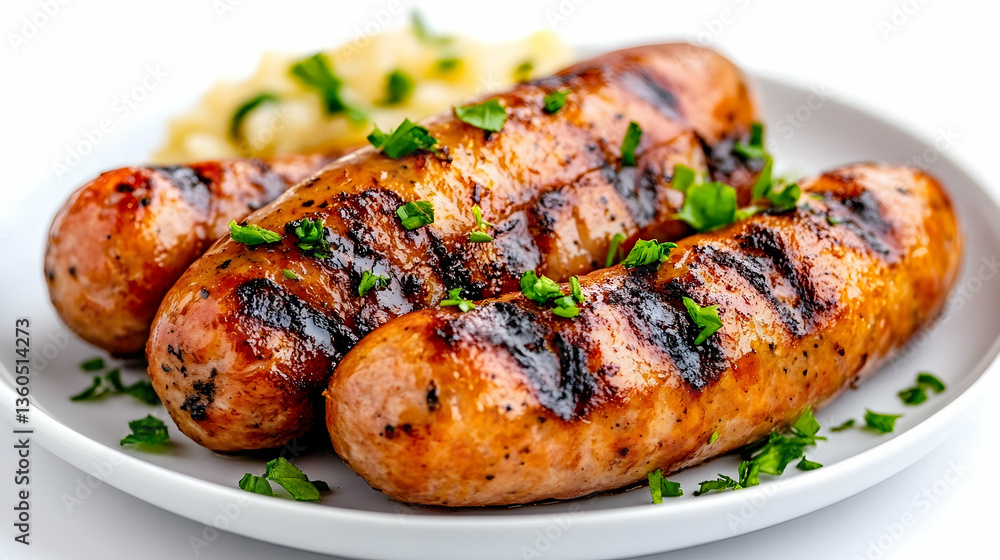 Grilled sausages with mashed potatoes, close-up Grilled sausages with mashed potatoes, close-up