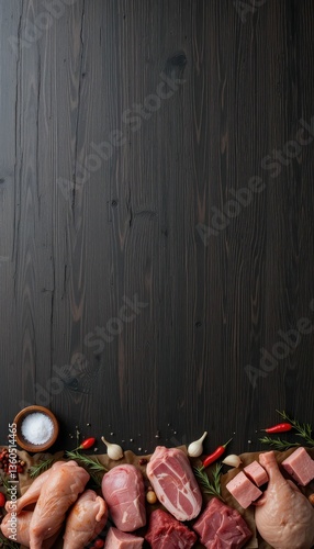 Fresh Raw Meats Displayed on Dark Wooden Background with Spices