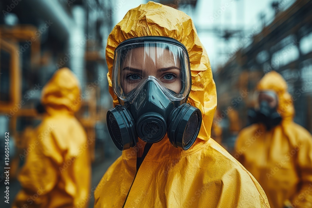 Workers in protective gear gather at an industrial site during safety drills Workers in protective gear gather at an industrial site during safety drills